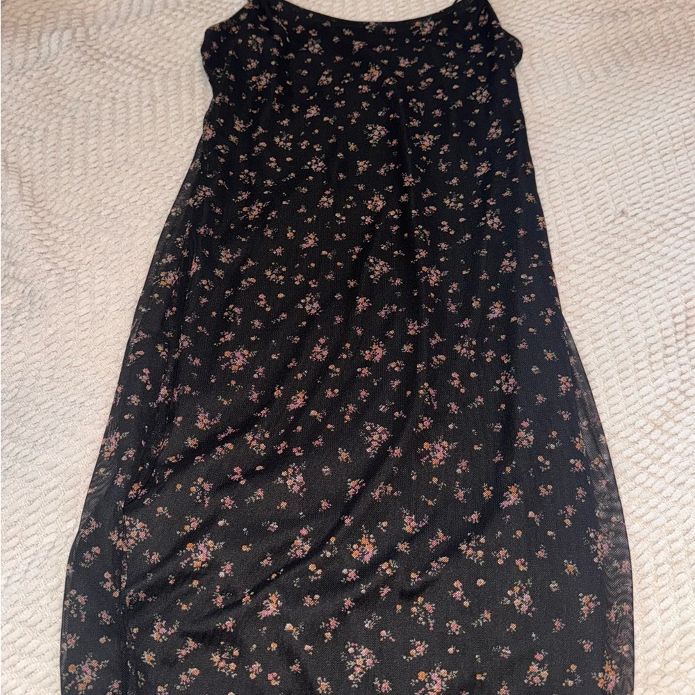 Black Floral Slip Dress with Pink & Green Bouquet Print
